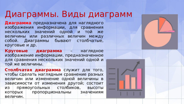 Диаграммы. Виды диаграмм Диаграмма предназначена для наглядного изображения информации, для сравнения нескольких значений одной и той же величины или различных величин между собой. Диаграммы бывают столбчатые, круговые и др. Круговые диаграмма – наглядное изображение информации, предназначенное для сравнения нескольких значений одной и той же величины. Столбчатая диаграмма служит для того, чтобы сделать наглядным сравнение разных величин или изменение одной величины в зависимости от изменения другой; состоит из прямоугольных столбиков, высоты которых пропорциональны значениям величин. 