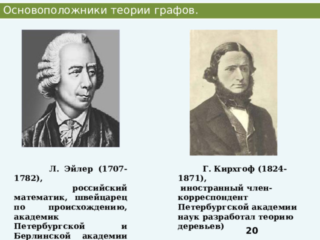 Основоположники теории графов.  Л. Эйлер (1707-1782),  Г. Кирхгоф (1824-1871),  российский математик, швейцарец по происхождению, академик Петербургской и Берлинской академии наук)  иностранный член-корреспондент Петербургской академии наук разработал теорию деревьев) 17 