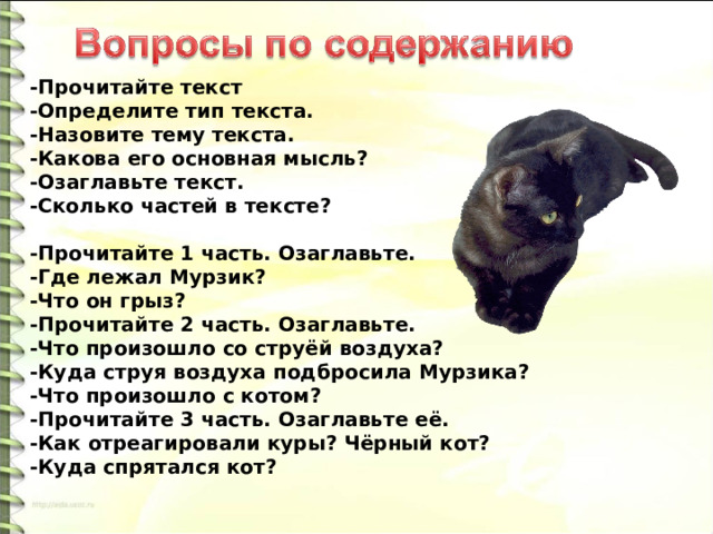 -Прочитайте текст -Определите тип текста. -Назовите тему текста. -Какова его основная мысль? -Озаглавьте текст. -Сколько частей в тексте?  -Прочитайте 1 часть. Озаглавьте. -Где лежал Мурзик? -Что он грыз? -Прочитайте 2 часть. Озаглавьте. -Что произошло со струёй воздуха? -Куда струя воздуха подбросила Мурзика? -Что произошло с котом? -Прочитайте 3 часть. Озаглавьте её. -Как отреагировали куры? Чёрный кот? -Куда спрятался кот? 