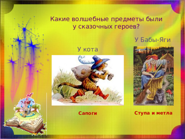 Какие волшебные предметы были у сказочных героев? У Бабы-Яги У кота Ступа и метла Сапоги 