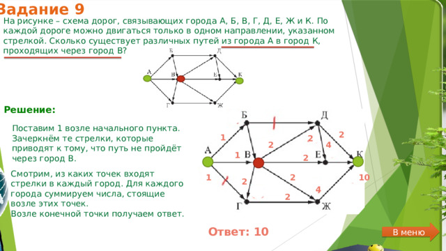 Задание 9 На рисунке – схема дорог, связывающих города А, Б, В, Г, Д, Е, Ж и К. По каждой дороге можно двигаться только в одном направлении, указанном стрелкой. Сколько существует различных путей из города А в город К, проходящих через город В? Решение:  Поставим 1 возле начального пункта. Зачеркнём те стрелки, которые приводят к тому, что путь не пройдёт через город В. 2 1 2 4 2 1 2 Смотрим, из каких точек входят стрелки в каждый город. Для каждого города суммируем числа, стоящие возле этих точек. Возле конечной точки получаем ответ. 10 10 2 1 2 4 2 В меню Ответ:  10 