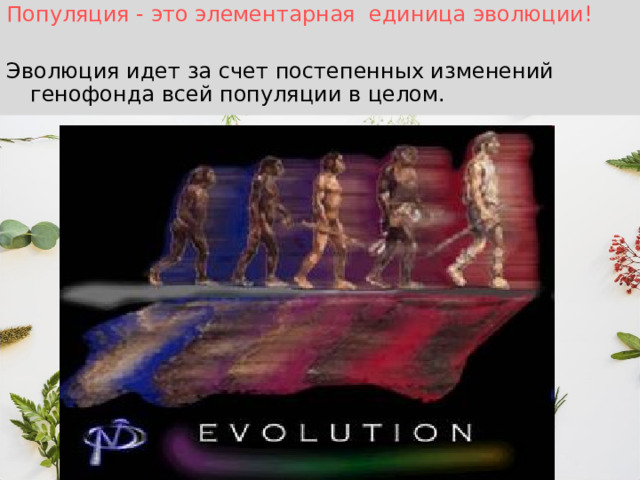 Популяция - это элементарная единица эволюции! Эволюция идет за счет постепенных изменений генофонда всей популяции в целом. 