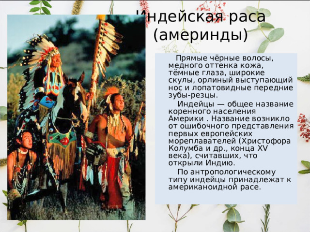 Монголоидная раса Жёсткие, прямые и тёмные волосы. Кожа темноватая с жёлтым оттенком, борода и усы растут слабо. Лицо широкое, уплощённое, скулы сильно выступают, нос уплощён, ноздри расположены под углом друг к другу. Глаза узкие, внешний угол глаз чуть выше внутреннего. Губы по толщине - средние.  