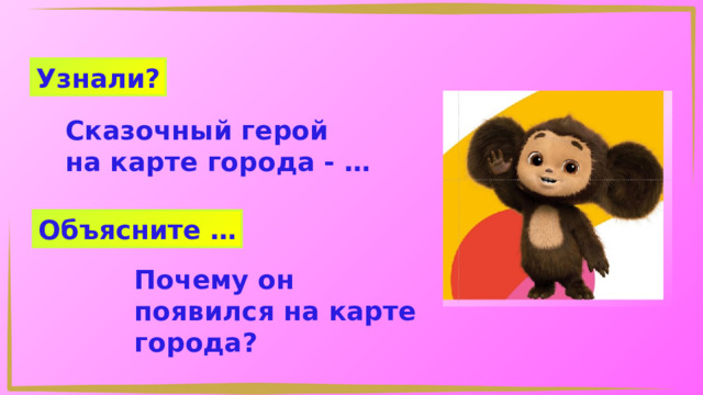 Узнали? Сказочный герой на карте города - … Объясните … Почему он появился на карте города? 