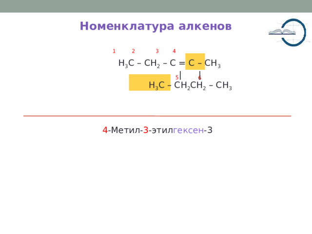 Номенклатура алкенов 4 3 2 1  H 3 C – CH 2 – C = C – CH 3  | |  H 3 C – CH 2 CH 2 – CH 3 5 6 4 -Метил- 3 -этил гексен -3 5 
