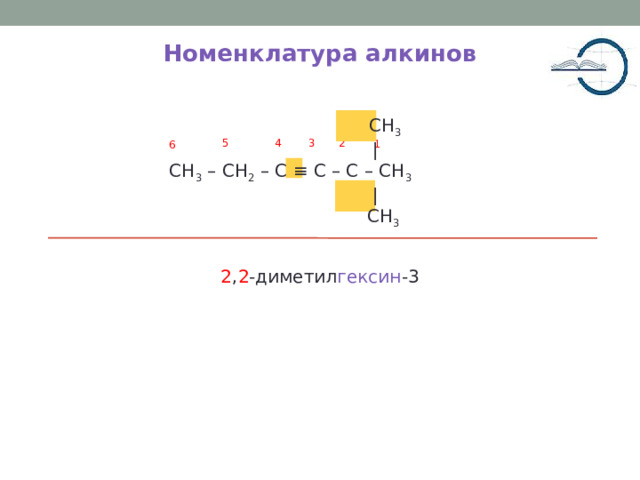 Номенклатура алкинов  CH 3  | CH 3 – CH 2 – C ≡ C – C – CH 3  |  CH 3 4 3 2 5 1 6 2 , 2 -диметил гексин -3 5 
