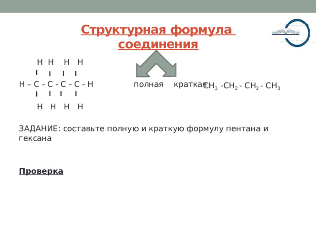 Структурная формула  соединения  Н Н Н Н Н – С - С - С - С - Н полная краткая  Н Н Н Н ЗАДАНИЕ: составьте полную и краткую формулу пентана и гексана Проверка СН 3 -СН 2 - СН 2 - СН 3 