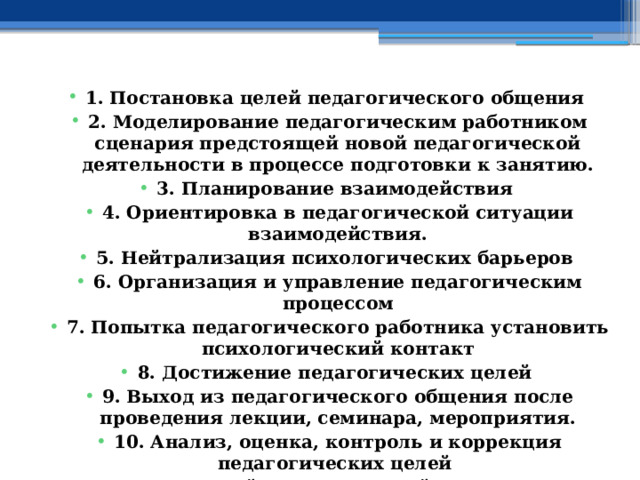  1. Постановка целей педагогического общения 2. Моделирование педагогическим работником сценария предстоящей новой педагогической деятельности в процессе подготовки к занятию. 3. Планирование взаимодействия 4. Ориентировка в педагогической ситуации взаимодействия. 5. Нейтрализация психологических барьеров 6. Организация и управление педагогическим процессом 7. Попытка педагогического работника установить психологический контакт 8. Достижение педагогических целей 9. Выход из педагогического общения после проведения лекции, семинара, мероприятия. 10. Анализ, оценка, контроль и коррекция педагогических целей 11. Анализ новой педагогической деятельности и новой деятельности участников образовательных отношений 