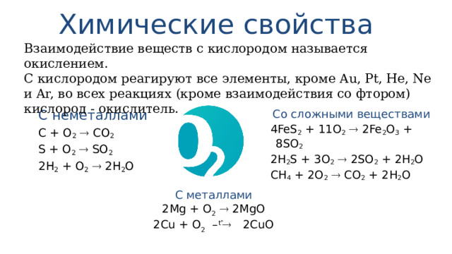 Химические свойства Взаимодействие веществ с кислородом называется окислением. С кислородом реагируют все элементы, кроме Au, Pt, He, Ne и Ar, во всех реакциях (кроме взаимодействия со фтором) кислород - окислитель.   Со сложными веществами 4FeS 2 + 11O 2   2Fe 2 O 3 + 8SO 2 2H 2 S + 3O 2   2SO 2 + 2H 2 O CH 4 + 2O 2   CO 2 + 2H 2 O С неметаллами C + O 2   CO 2 S + O 2   SO 2 2H 2 + O 2   2H 2 O   С металлами 2Mg + O 2   2MgO 2Cu + O 2 – t   2CuO 