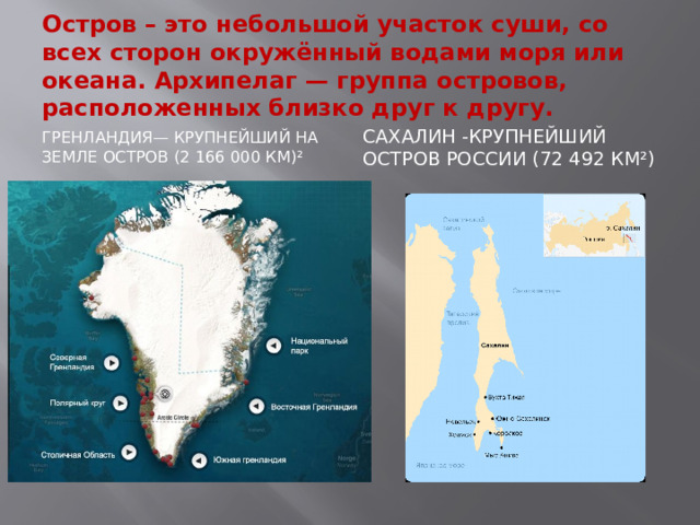 Остров – это небольшой участок суши, со всех сторон окружённый водами моря или океана. Архипелаг — группа островов, расположенных близко друг к другу. Гренландия— крупнейший на Земле остров (2 166 000 км)² Сахалин -Крупнейший остров России (72 492 км²) 