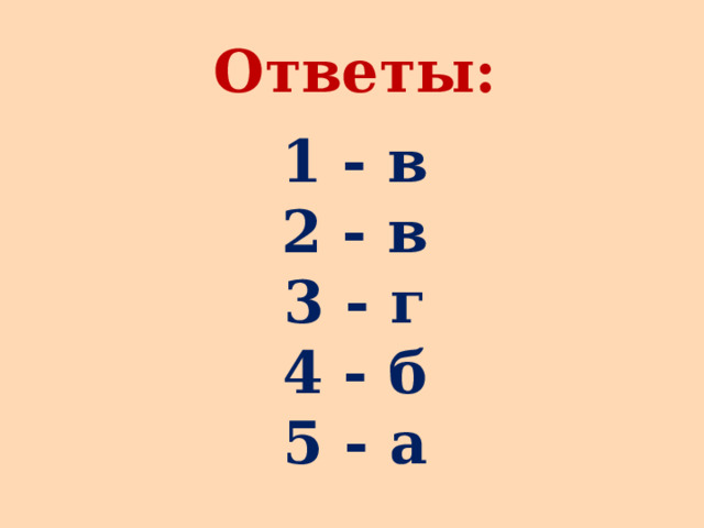 Ответы: 1 - в 2 - в 3 - г 4 - б 5 - а 