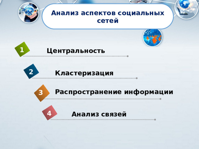 Анализ аспектов социальных сетей 1 Центральность 2 Кластеризация Распространение  информации 3 4 Анализ  связей 