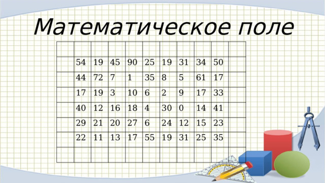 Математическое поле           54   44 19   72 45 17     40 7   19 90   25 3 1   12 29 35 16   22   21 10 19   8 11   20 18 31 6 5 13   4 2   27 34 6   50 17 9   30 61 0 55 17 24     17 19   14 12 33   31 41     15 25 23     35           