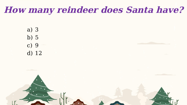 How many reindeer does Santa have?   3 5 9 12 