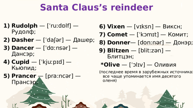 Santa Claus’s reindeer Rudolph  — [ˈruːdɒlf] — Рудолф; Dasher — [ˈ daʃər] — Дашер; Dancer   — [ˈ dɑːnsər] — Дансэр; Cupid   — [ˈ kjuːpɪd] — Кьюпид; Prancer  — [ pra:ncər] — Прансэр; Vixen   — [ vɪksn] — Виксн; Comet   — [ˈ kɔmɪt] — Комит; Donner — [ don:nər] — Донэр; Blitzen  — [ blit:zən] — Блитцэн;   * Olive   — [ˈ ɔlɪv] — Оливия (последнее время в зарубежных источниках все чаще упоминается имя десятого оленя) 