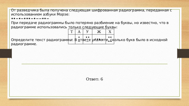 От разведчика была получена следующая шифрованная радиограмма, переданная с использованием азбуки Морзе:  ••−•−•••−•−−••−  При передаче радиограммы было потеряно разбиение на буквы, но известно, что в радиограмме использовались только следующие буквы:        Определите текст радиограммы. В ответе укажите, сколько букв было в исходной радиограмме. Т А − У •− Ж ••− Х •••− •••• Ответ: 6 