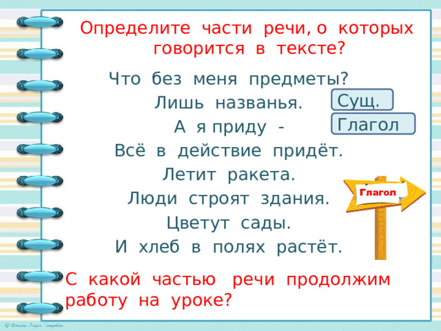 Определите части речи, о которых говорится в тексте? Что без меня предметы? Лишь названья. А я приду - Всё в действие придёт. Летит ракета. Люди строят здания. Цветут сады. И хлеб в полях растёт. Сущ. Глагол С какой частью речи продолжим работу на уроке? 