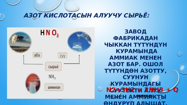 Азот кислотасын алуучу сырьё: ЗАВОД ФАБРИКАДАН ЧЫККАН ТҮТҮНДҮН  КУРАМЫНДА АММИАК МЕНЕН АЗОТ БАР. ОШОЛ ТҮТҮНДӨН АЗОТТУ, СУУНУН КУРАМЫНДАГЫ СУУТЕКТИ АЛУУ МЕНЕН АММИАКТЫ ӨНДУРҮП АЛЫШАТ. N2+3H2 = 2NH3 + Q АММИАК 