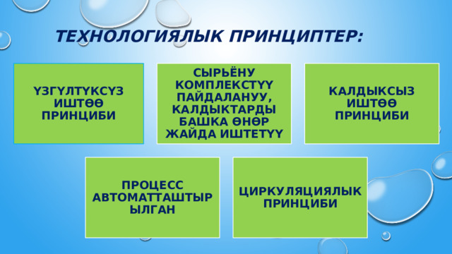 ТЕХНОЛОГИЯЛЫК ПРИНЦИПТЕР: ҮЗГҮЛТҮКСҮЗ ИШТӨӨ ПРИНЦИБИ СЫРЬЁНУ КОМПЛЕКСТҮҮ ПАЙДАЛАНУУ, КАЛДЫКТАРДЫ БАШКА ӨНӨР ЖАЙДА ИШТЕТҮҮ КАЛДЫКСЫЗ ИШТӨӨ ПРИНЦИБИ ПРОЦЕСС АВТОМАТТАШТЫРЫЛГАН ЦИРКУЛЯЦИЯЛЫК ПРИНЦИБИ 