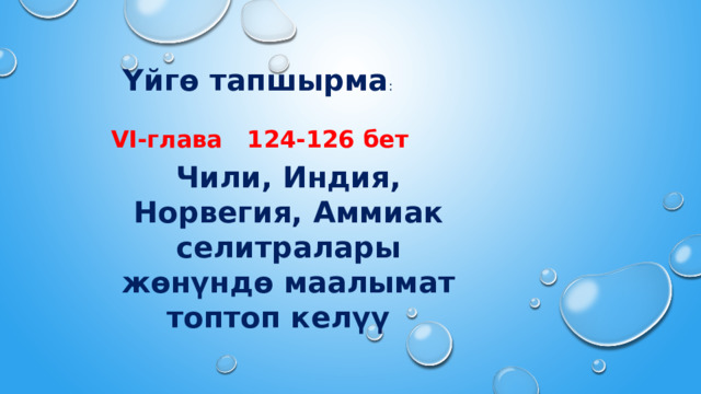 Үйгө тапшырма :  VI-глава 124-126 бет Чили, Индия, Норвегия, Аммиак селитралары жөнүндө маалымат топтоп келүү 