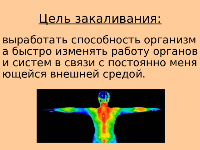 Цель закаливания: выработать способность организма быстро изменять работу органов и систем в связи с постоянно меняющейся внешней средой. 
