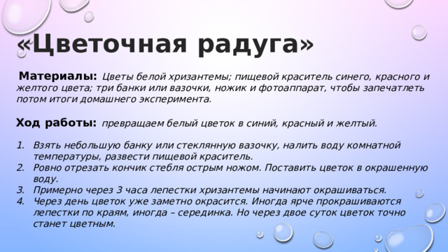 «Цветочная радуга»  Материалы: Цветы белой хризантемы; пищевой краситель синего, красного и желтого цвета; три банки или вазочки, ножик и фотоаппарат, чтобы запечатлеть потом итоги домашнего эксперимента. Ход работы: превращаем белый цветок в синий, красный и желтый.  Взять небольшую банку или стеклянную вазочку, налить воду комнатной температуры, развести пищевой краситель. Ровно отрезать кончик стебля острым ножом. Поставить цветок в окрашенную воду. Примерно через 3 часа лепестки хризантемы начинают окрашиваться. Через день цветок уже заметно окрасится. Иногда ярче прокрашиваются лепестки по краям, иногда – серединка. Но через двое суток цветок точно станет цветным. 