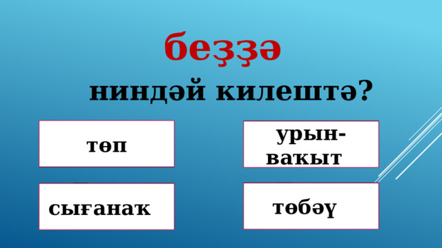 беҙҙә ниндәй килештә? төп Дөрөҫ! Дөрөҫ түгел ! урын-ваҡыт Дөрөҫ түгел ! төбәү Дөрөҫ түгел ! сығанаҡ 
