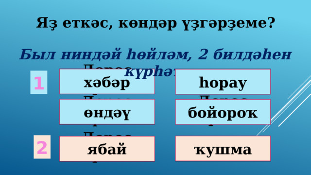 Яҙ еткәс, көндәр үҙгәрҙеме? Был ниндәй һөйләм, 2 билдәһен күрһәт. Дөрөҫ түгел ! Дөрөҫ! хәбәр һорау 1 өндәү бойороҡ Дөрөҫ түгел ! Дөрөҫ түгел ! 2 ҡушма ябай Дөрөҫ! Дөрөҫ түгел ! 