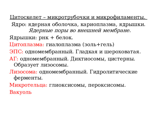 Цитоскелет – микротрубочки и микрофиламенты. Ядро: ядерная оболочка, кариоплазма, ядрышки. Ядерные поры во внешней мембране. Ядрышки: рнк + белок. Цитоплазма: гиалоплазма (золь+гель) ЭПС: одномембранный. Гладкая и шероховатая. АГ: одномембранный. Диктиосомы, цистерны. Образует лизосомы. Лизосома: одномембранный. Гидролитические ферменты. Микротельца: глиоксисомы, пероксисомы. Вакуоль 