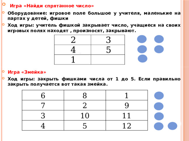  Игра «Найди спрятанное число» Оборудование: игровое поле большое у учителя, маленькие на партах у детей, фишки Ход игры: учитель фишкой закрывает число, учащиеся на своих игровых полях находят , произносят, закрывают.      Игра «Змейка» Ход игры: закрыть фишками числа от 1 до 5. Если правильно закрыть получается вот такая змейка. 6 7 8 3 1 2 4 9 10 11 5 12 