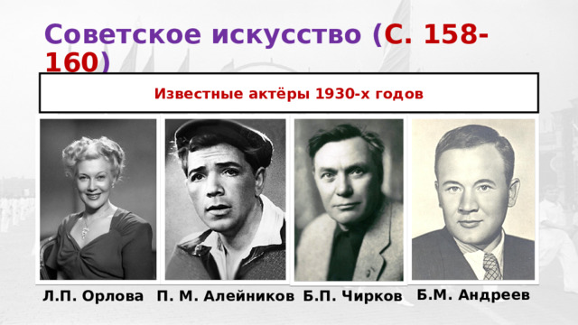 Советское искусство ( С. 158-160 )  Известные актёры 1930-х годов Б.М. Андреев Л.П. Орлова П. М. Алейников Б.П. Чирков 
