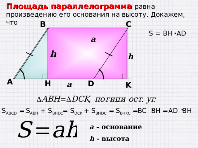 Площадь параллелограмма равна произведению его основания на высоту . Докажем, что  a В С S = BH AD h h А D H a K AD  BH BC BH = S BHKC = = S DCK + S BHDC = S ABH + S BHDC S ABCD =  a – основание h - высота 12 