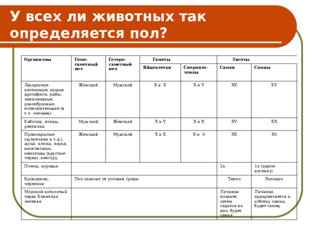 У всех ли животных так определяется пол? Организмы Гомо-гаметный пол Двукрылые насекомые, мушка дрозофила, рыбы, земноводные, ракообразные, млекопитающие (в т.ч. человек) Гетеро-гаметный пол  Гаметы Женский Бабочки, птицы, рептилии Яйцеклетки Мужской Прямокрылые (кузнечики и т.д.), жуки, клопы, пауки, многоножки, нематоды (круглые черви), кенгуру Мужской  Зиготы X и X Женский Спермато-зоиды Пчелы, муравьи Женский Крокодилы, черепахи Мужской X и Y Самки X и Y Пол зависит от условий среды XX X и X X и X Морской кольчатый червь Бонеллия зеленая Самцы XY X и 0 XY XX XX X 0 2 n Тепло 1n ( парте-ногенез ) Холодно Личинка плавает, затем садится на дно, будет самка Личинка прикрепляется к хоботку самки, будет самец 