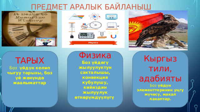 Предмет аралык байланыш ТАРЫХ Физика Кыргыз тили, адабияты Боз үйдүн келип чыгуу тарыхы, боз үй жөнүндө маалыматтар Боз үйдөгү жылуулуктун сакталышы, конвекция кубулушу, кийиздин жылуулук өткөрүмдүүлүгү Боз үйдүн элементтеринин уңгу мүчөсү, макал лакаптар. 