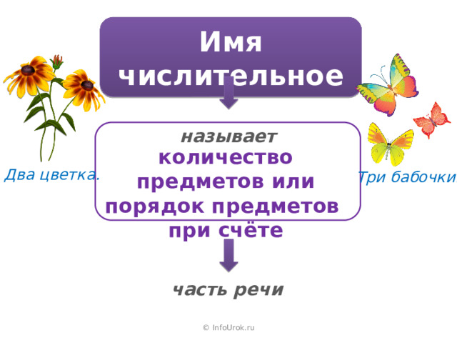 Имя числительное называет количество предметов или порядок предметов при счёте Два цветка. Три бабочки. часть речи © InfoUrok.ru 