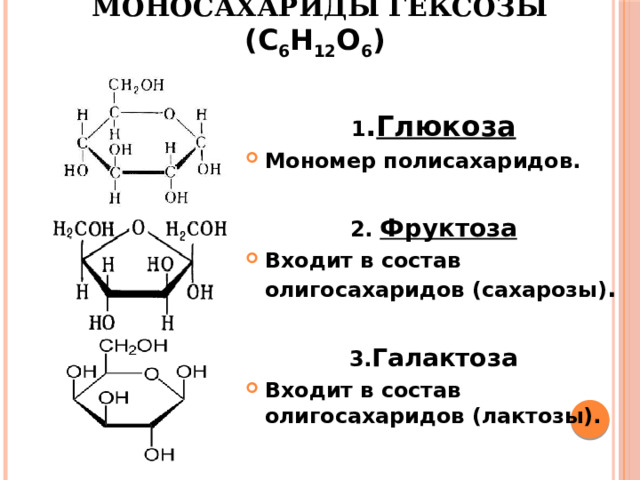 Моносахариды гексозы  (С 6 Н 12 О 6 )  1 . Глюкоза Мономер полисахаридов.  2. Фруктоза Входит в состав олигосахаридов (сахарозы) .  3. Галактоза Входит в состав олигосахаридов (лактозы). 