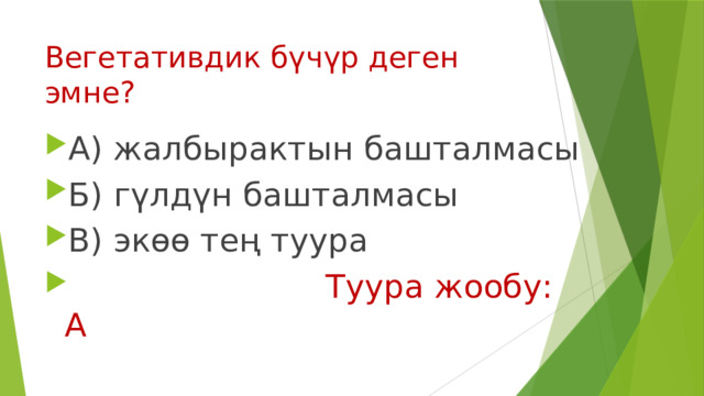 Вегетативдик бүчүр деген эмне? А) жалбырактын башталмасы Б) гүлдүн башталмасы В) экөө тең туура  Туура жообу: А 