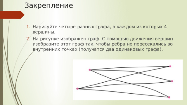 Закрепление Нарисуйте четыре разных графа, в каждом из которых 4 вершины. На рисунке изображен граф. С помощью движения вершин изобразите этот граф так, чтобы ребра не пересекались во внутренних точках (получатся два одинаковых графа). 