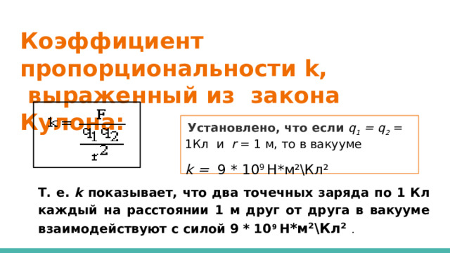 Коэффициент пропорциональности k,  выраженный из закона Кулона:  Установлено, что если q 1 = q 2 = 1Кл и r = 1 м, то в вакууме k = 9 * 10 9 H*м²\Кл²  Т. е. k показывает, что два точечных заряда по 1 Кл каждый на расстоянии 1 м друг от друга в вакууме взаимодействуют с силой 9 * 10 9 Н *м²\Кл² . 