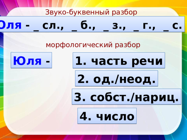 Звуко-буквенный разбор Юля - _ сл., _ б., _ з., _ г., _ с. морфологический разбор Юля - 1. часть речи 2. од./неод. 3. собст./нариц. 4. число 