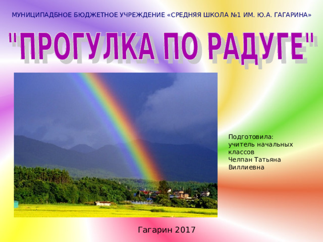 МУНИЦИПАДБНОЕ БЮДЖЕТНОЕ УЧРЕЖДЕНИЕ «СРЕДНЯЯ ШКОЛА №1 ИМ. Ю.А . ГАГАРИНА» Подготовила: учитель начальных классов Челпан Татьяна Виллиевна Гагарин 2017 