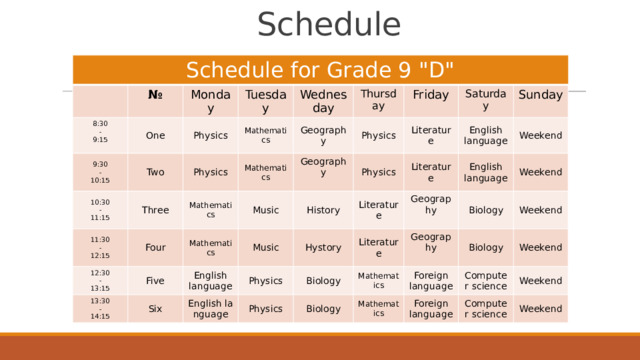 Schedule Schedule for Grade 9 