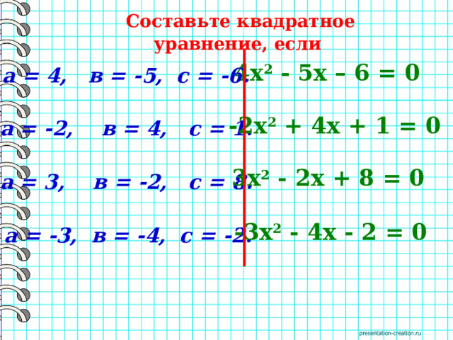 Составьте квадратное уравнение, если 4х 2 - 5х – 6 = 0 а = 4, в = -5, с = -6. -2х 2 + 4х + 1 = 0 а = -2, в = 4, с = 1. 3х 2 - 2х + 8 = 0 а = 3, в = -2, с = 8. -3х 2 - 4х - 2 = 0 а = -3, в = -4, с = -2. 