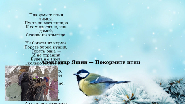 Покормите птиц зимой.  Пусть со всех концов  К вам слетятся, как домой,  Стайки на крыльцо.   Не богаты их корма.  Горсть зерна нужна,  Горсть одна —  И не страшна  Будет им зима.  Сколько гибнет их — не счесть,  Видеть тяжело.  А ведь в нашем сердце есть  И для птиц тепло.   Разве можно забывать:  Улететь могли,  А остались зимовать  Заодно с людьми.   Приучите птиц в мороз  К своему окну,  Чтоб без песен не пришлось  Нам встречать весну. Александр Яшин — Покормите птиц 