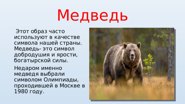 Медведь  Этот образ часто используют в качестве символа нашей страны. Медведь- это символ добродушия и ярости, богатырской силы. Недаром именно медведя выбрали символом Олимпиады, проходившей в Москве в 1980 году. 