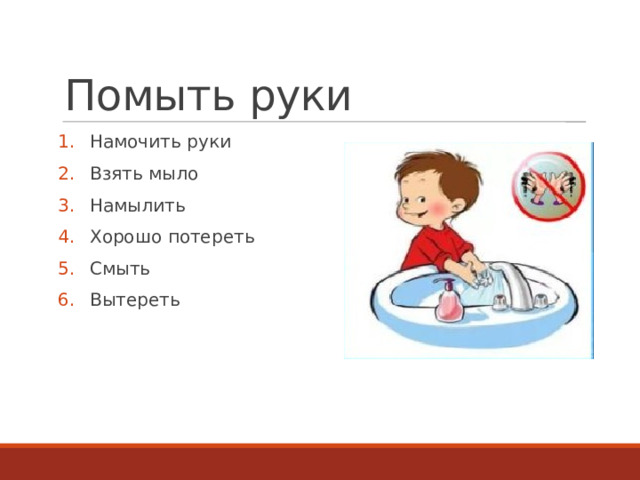 Помыть руки Намочить руки Взять мыло Намылить Хорошо потереть Смыть Вытереть  