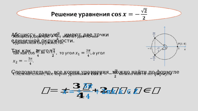 Решение уравнения   Абсциссу, равную ,  имеют две точки единичной окружности.   Так как , а угол .   Следовательно, все корни уравнения можно найти по формуле     