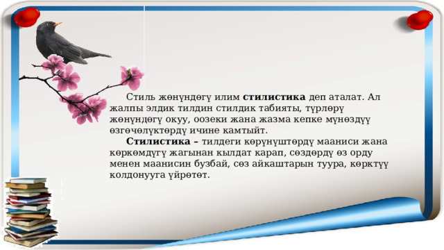  Стиль жөнүндөгү илим стилистика деп аталат. Ал жалпы элдик тилдин стилдик табияты, түрлөрү жөнүндөгү окуу, оозеки жана жазма кепке мүнөздүү өзгөчөлүктөрдү ичине камтыйт.  Стилистика – тилдеги көрүнүштөрдү мааниси жана көркөмдүгү жагынан кылдат карап, сөздөрдү өз орду менен маанисин бузбай, сөз айкаштарын туура, көрктүү колдонууга үйрөтөт. 
