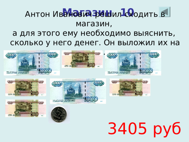 Магазин 10 Антон Иванович решил сходить в магазин, а для этого ему необходимо выяснить, сколько у него денег. Он выложил их на стол. 3405 руб 