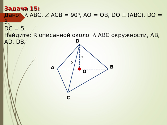 Задача 1 5: Дано:    А BC ,   АСВ = 90 0 , A О = О B, D О   (АВС), D О = 3 , DC = 5. Найдите : R описанной около  A ВС окружности, АВ, А D, DB. D 3 5 В А O С 
